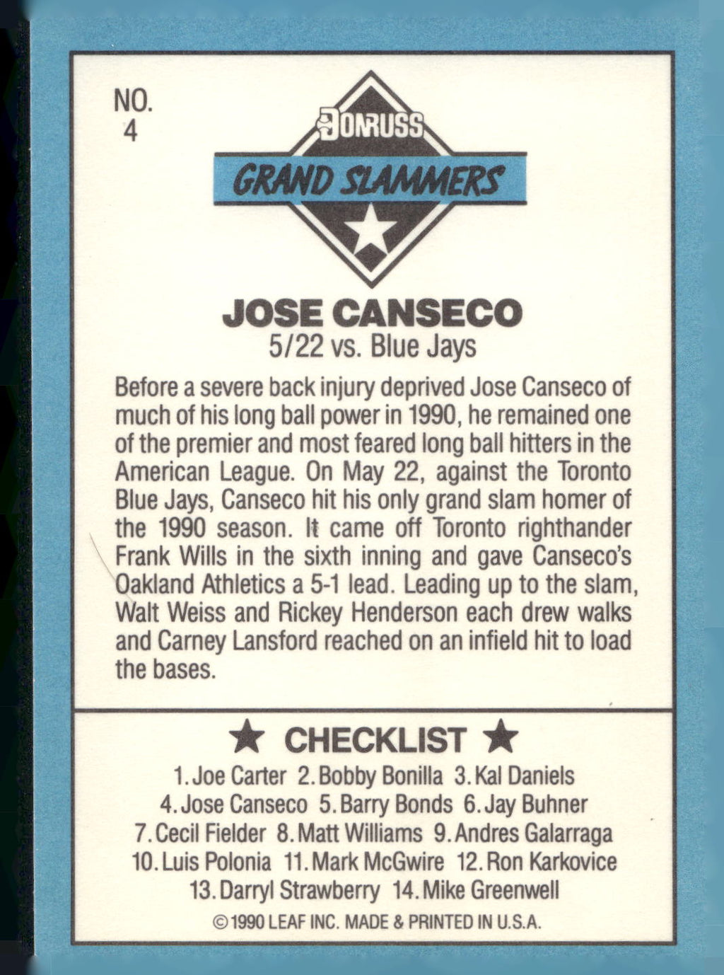 1991 Donruss #4a Jose Canseco Grand Slammers