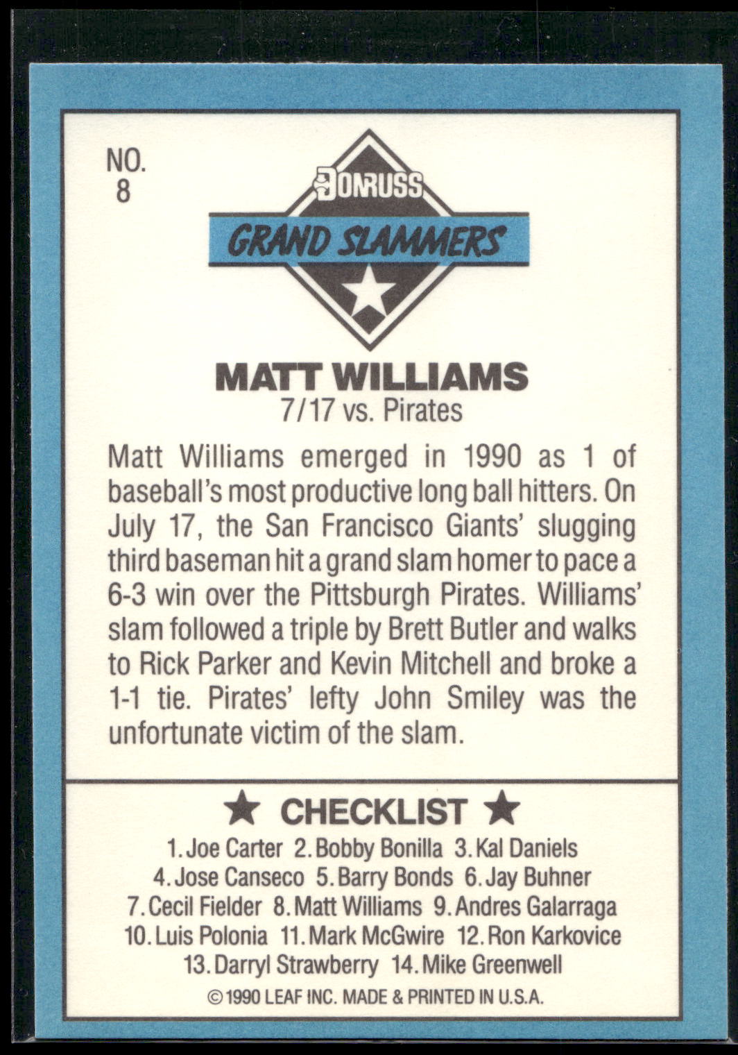 1991 Donruss #8a Matt Williams Grand Slammers