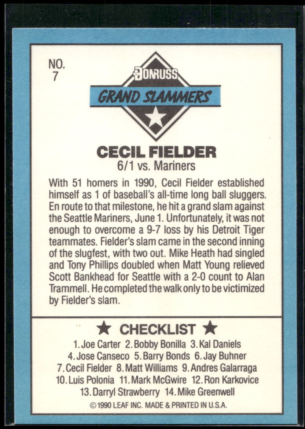 1991 Donruss #7a Cecil Fielder Grand Slammers