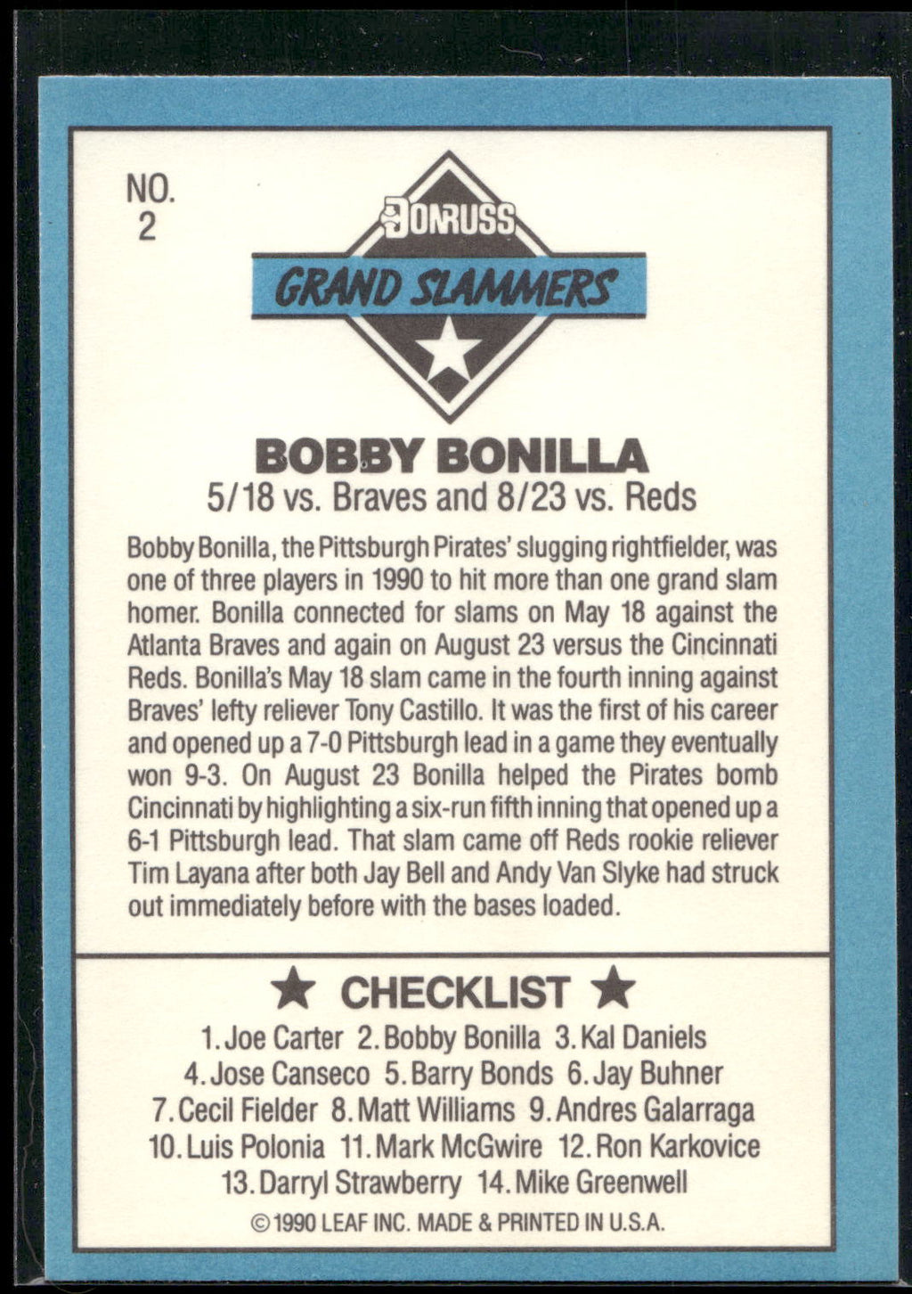 1991 Donruss #2b Bobby Bonilla Grand Slammers