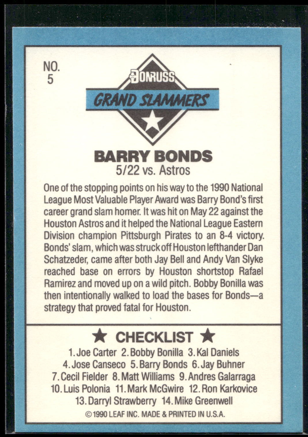 1991 Donruss #5e Barry Bonds Grand Slammers