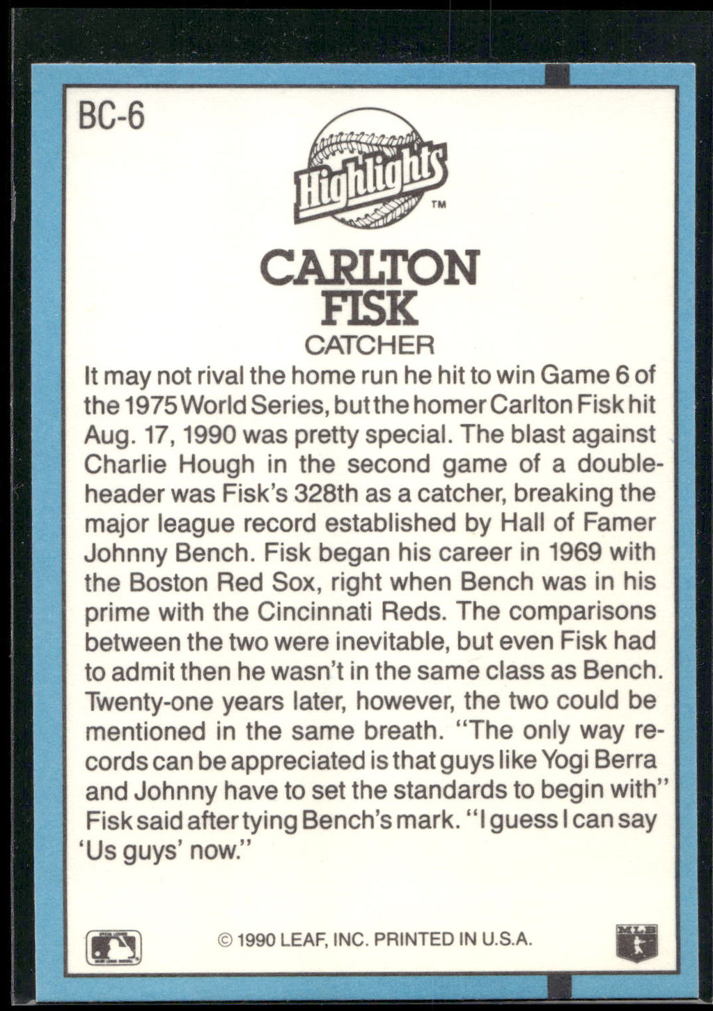 1991 Donruss #BC-6 Carlton Fisk Bonus Cards