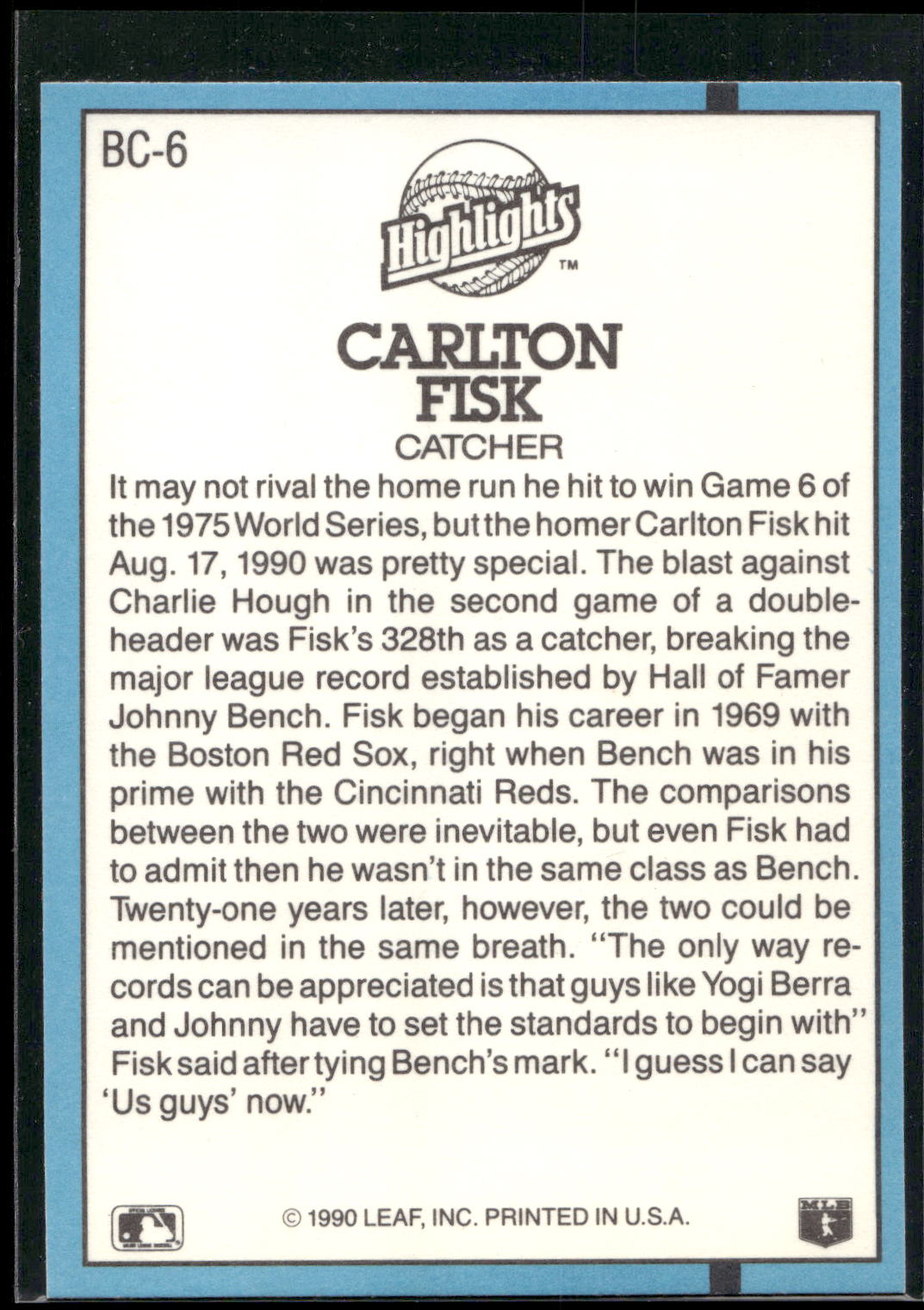 1991 Donruss #BC-6 Carlton Fisk Bonus Cards