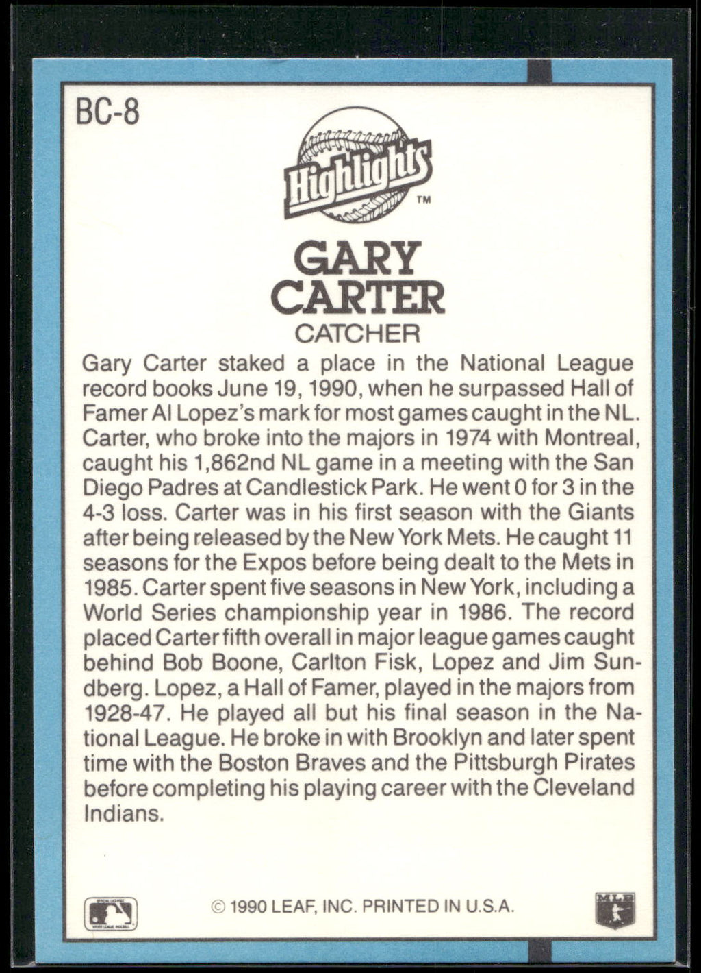 1991 Donruss #BC-8 Gary Carter Bonus Cards