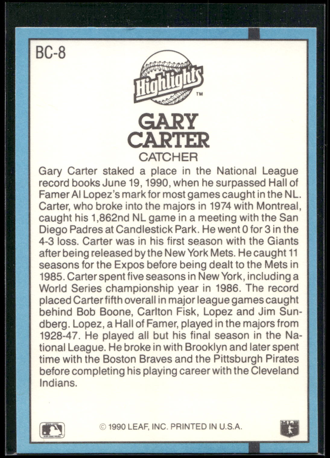 1991 Donruss #BC-8 Gary Carter Bonus Cards