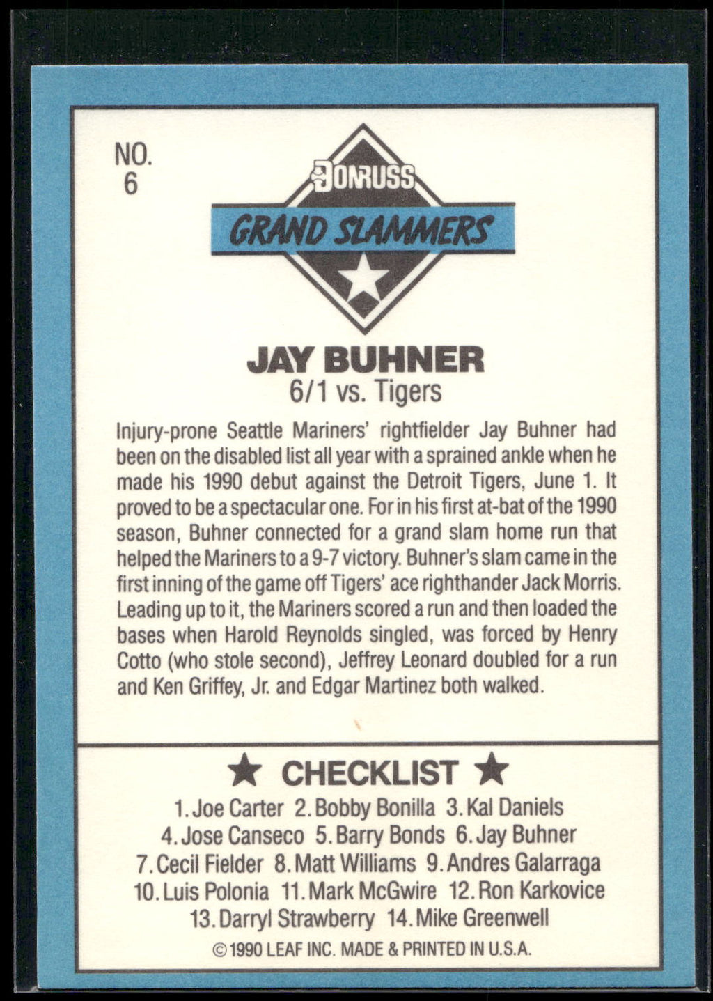 1991 Donruss #6e Jay Buhner Grand Slammers