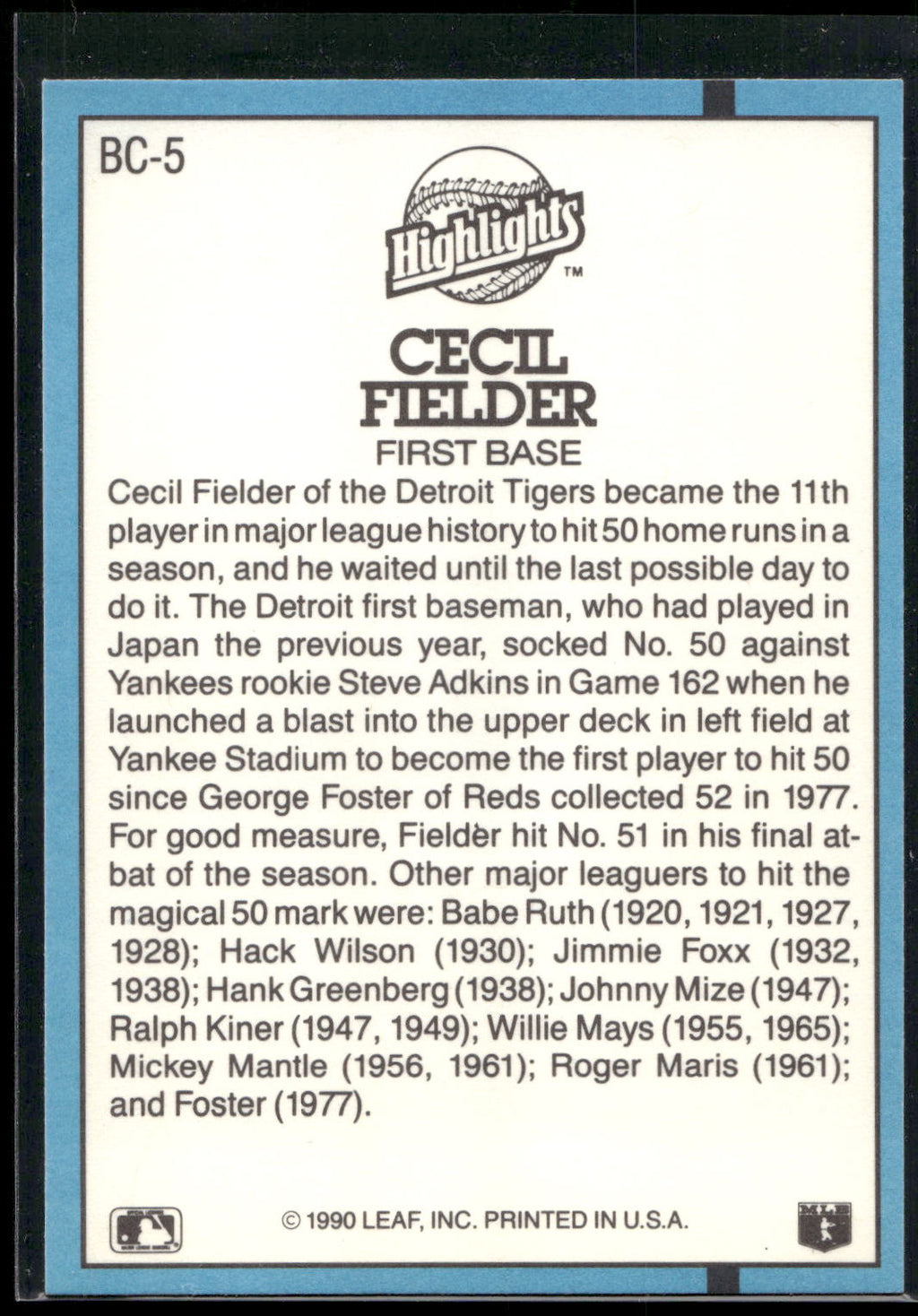 1991 Donruss #BC-5 Cecil Fielder Bonus Cards