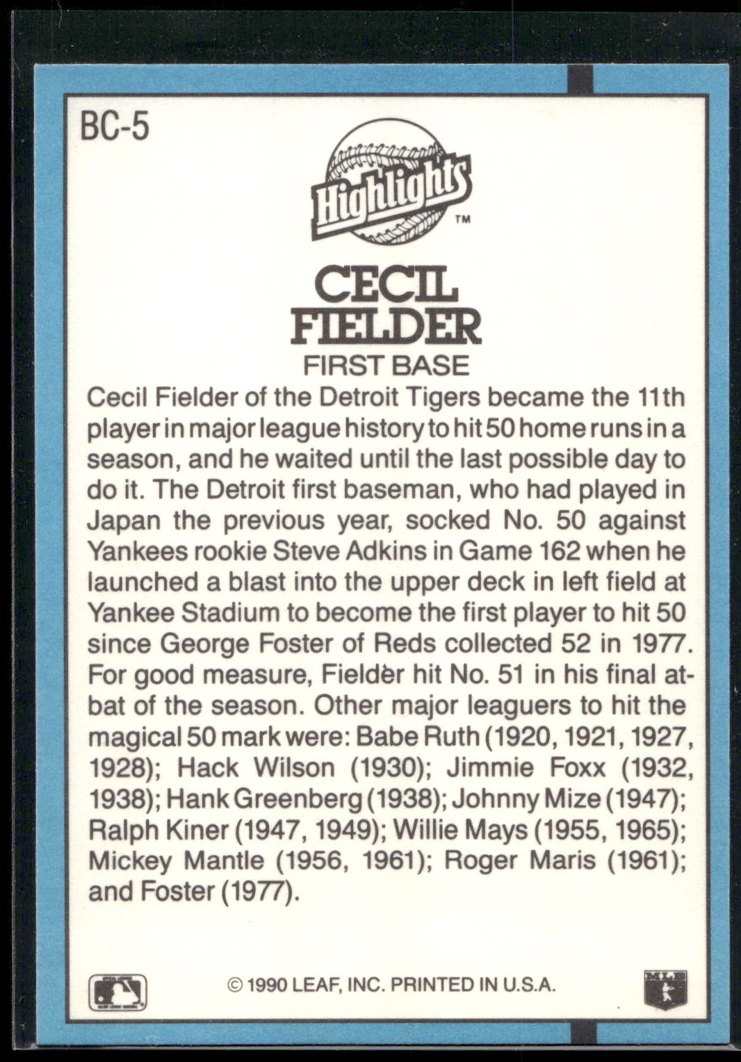 1991 Donruss #BC-5 Cecil Fielder Bonus Cards