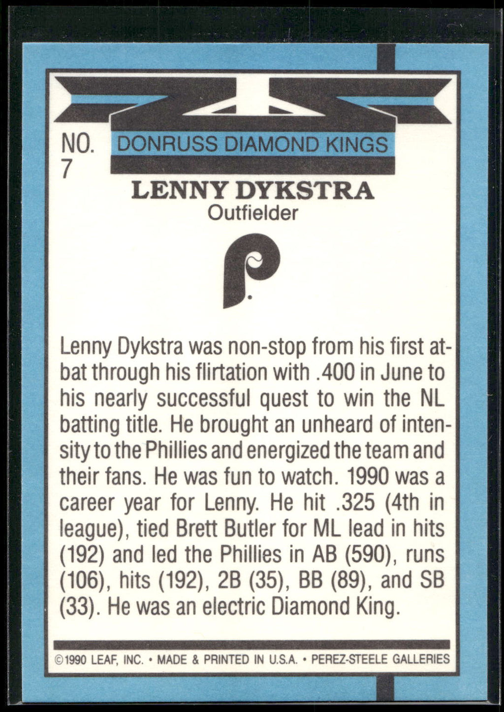 1991 Donruss #7 Lenny Dykstra Super Diamond Kings