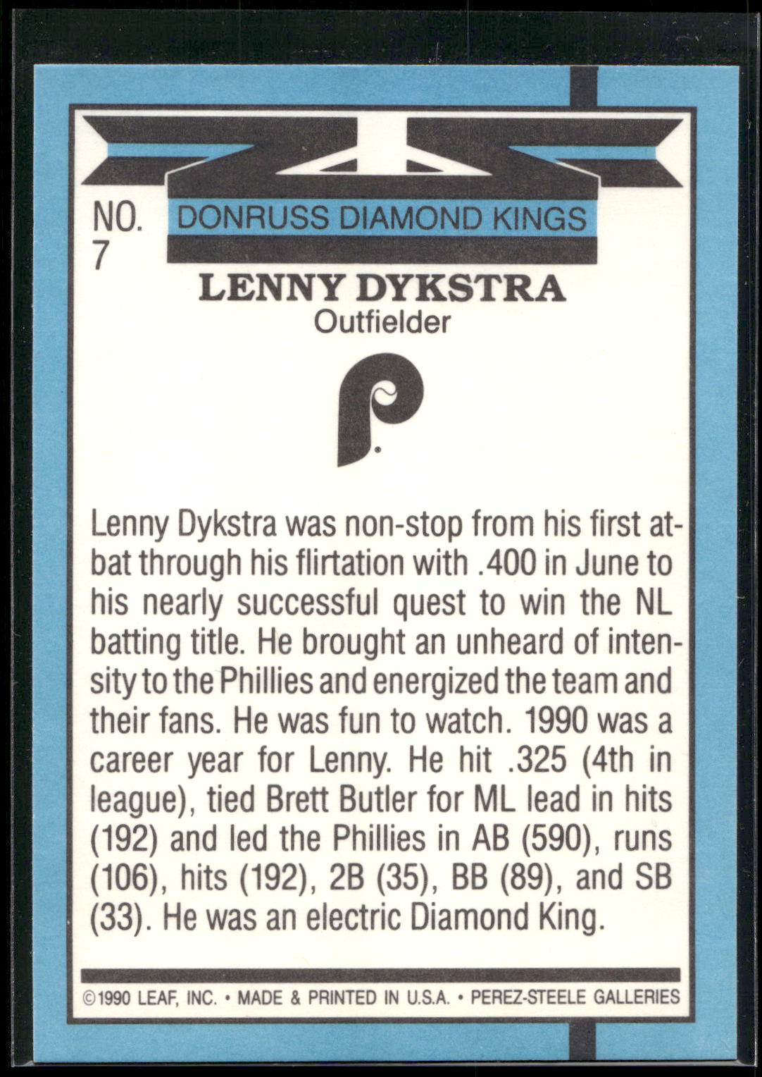 1991 Donruss #7 Lenny Dykstra Super Diamond Kings