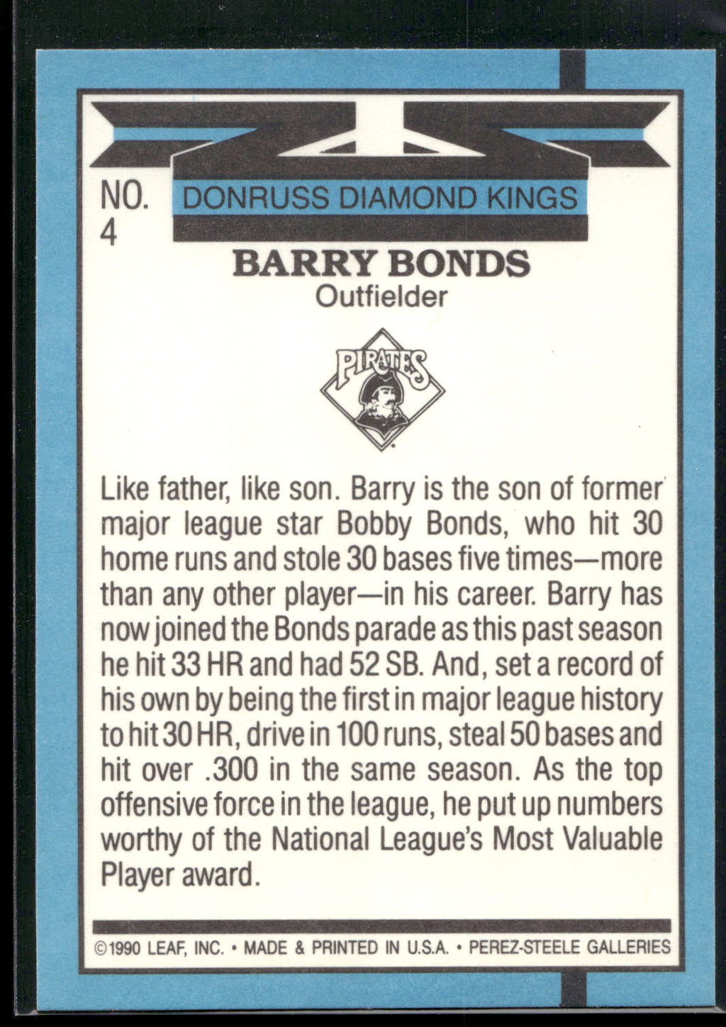 1991 Donruss #4 Barry Bonds Super Diamond Kings