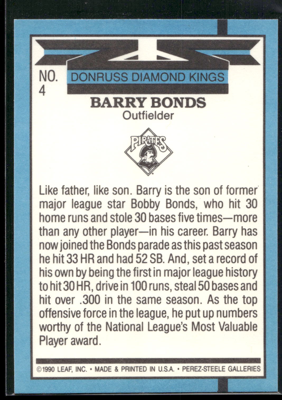 1991 Donruss #4 Barry Bonds Super Diamond Kings