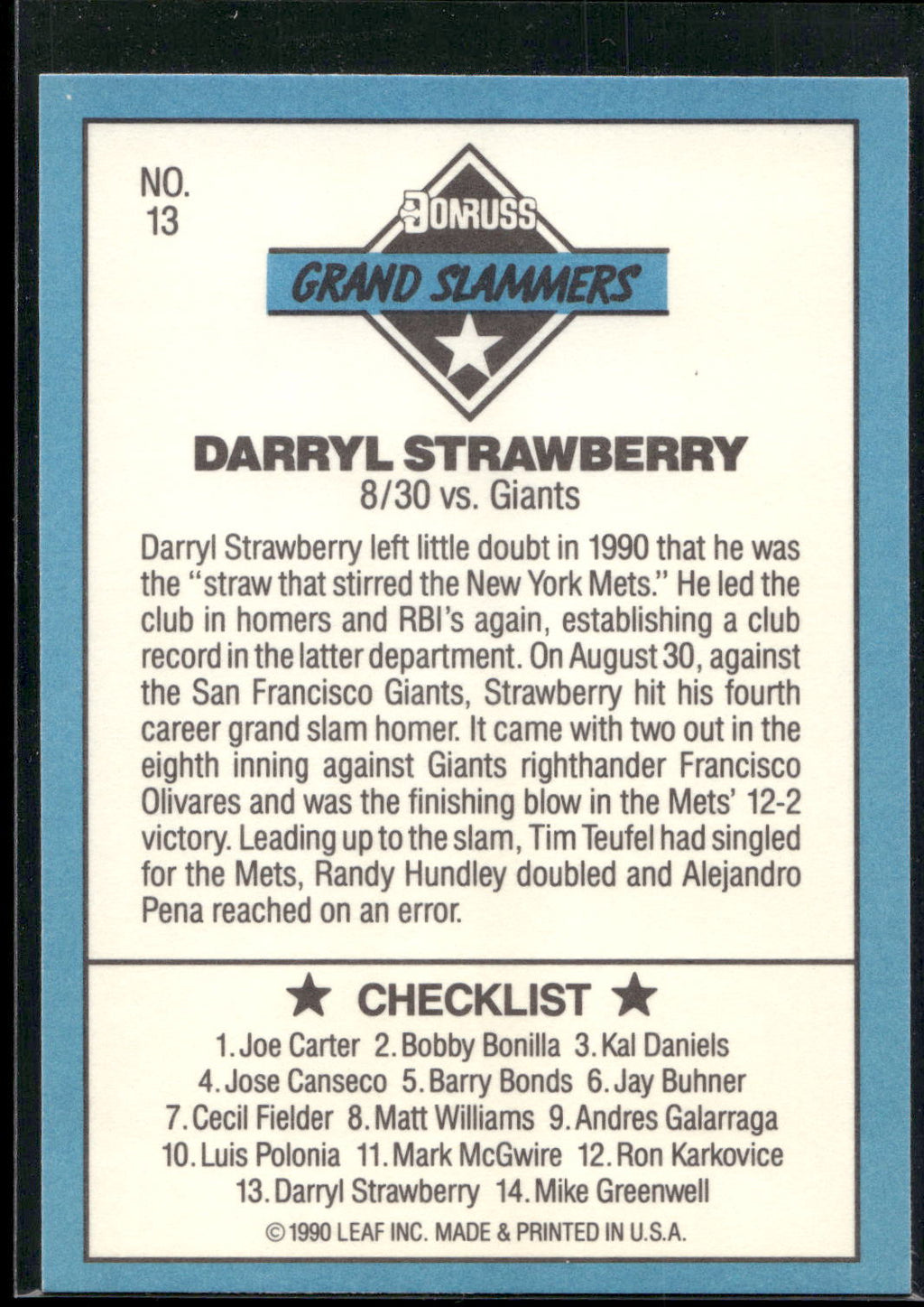 1991 Donruss #13a Darryl Strawberry Grand Slammers