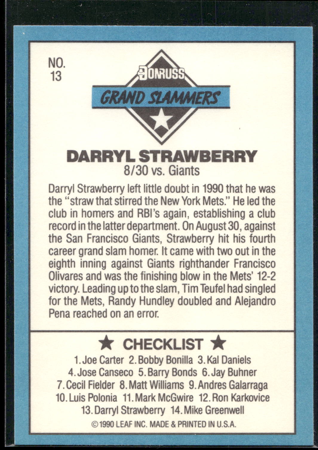 1991 Donruss #13a Darryl Strawberry Grand Slammers