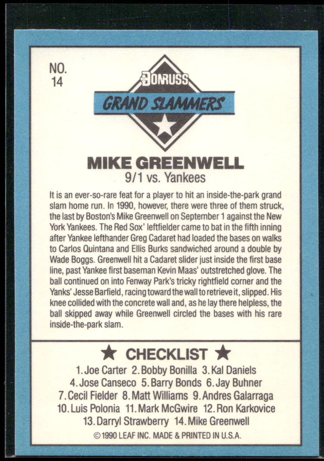 1991 Donruss #14a Mike Greenwell Grand Slammers