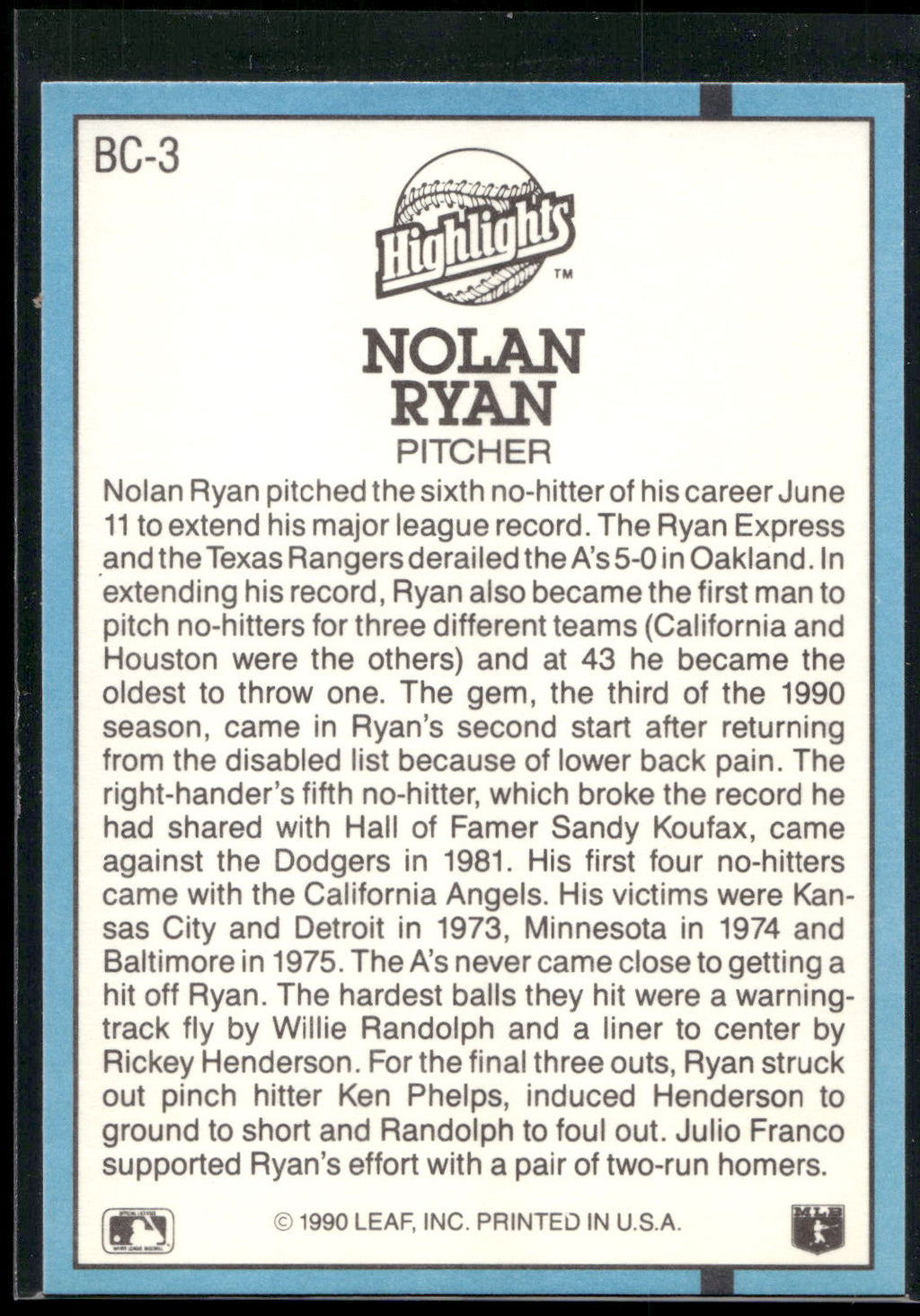 1991 Donruss #BC-3 Nolan Ryan Bonus Cards