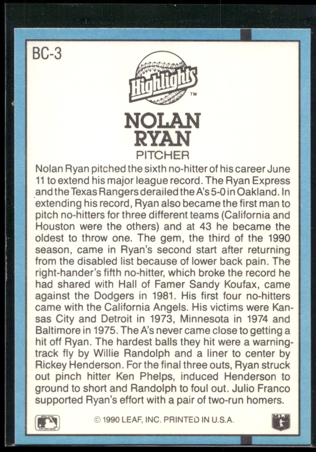 1991 Donruss #BC-3 Nolan Ryan Bonus Cards