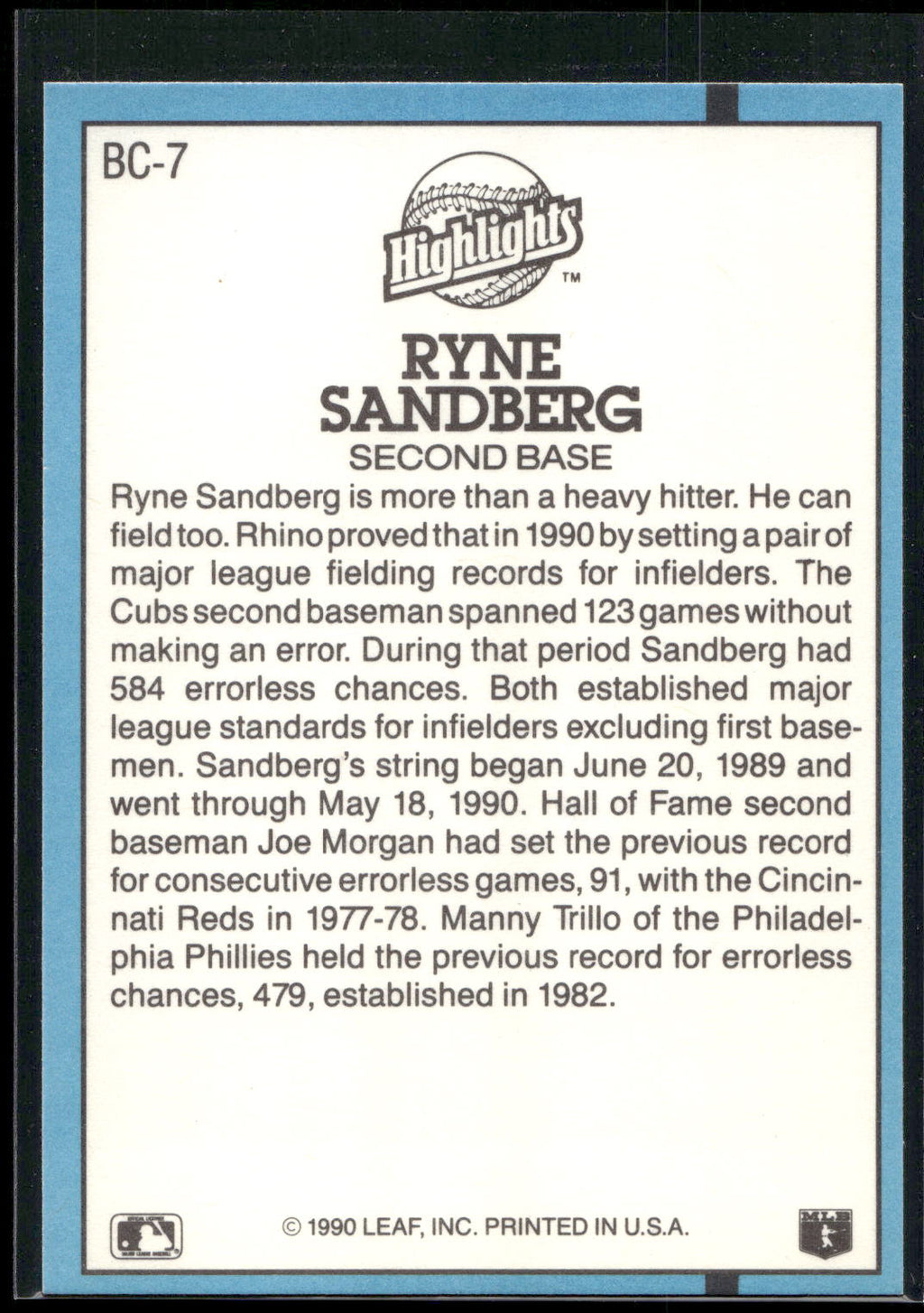 1991 Donruss #BC-7 Ryne Sandberg Bonus Cards