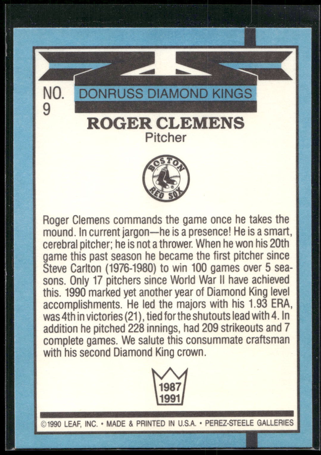 1991 Donruss #9 Roger Clemens Super Diamond Kings