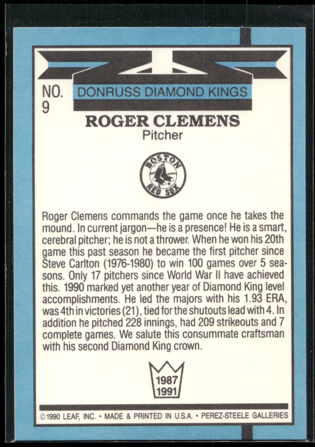 1991 Donruss #9 Roger Clemens Super Diamond Kings