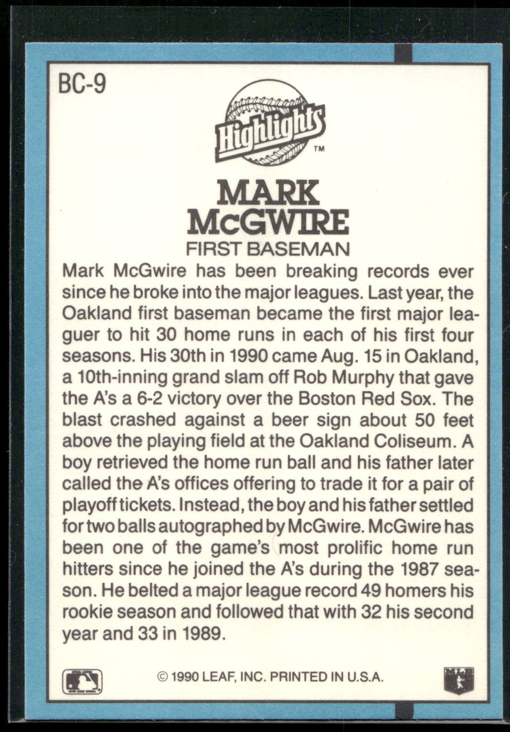 1991 Donruss #BC-9 Mark McGwire Bonus Cards