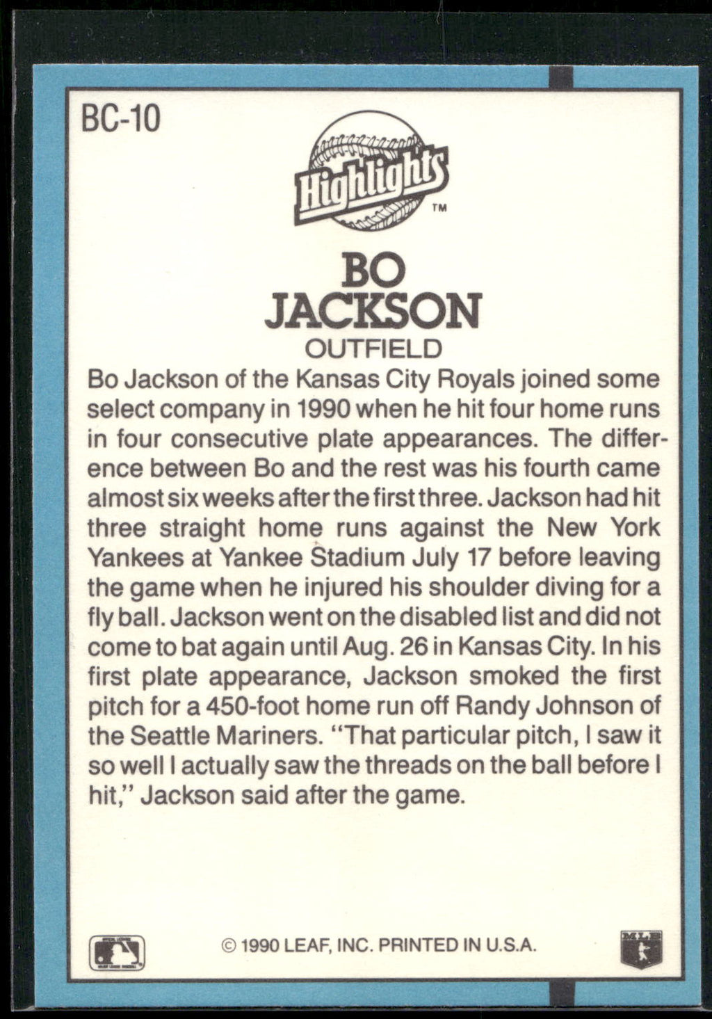 1991 Donruss #BC-10 Bo Jackson Bonus Cards