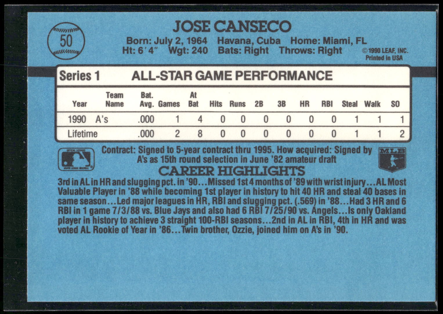 1991 Donruss #50 Jose Canseco