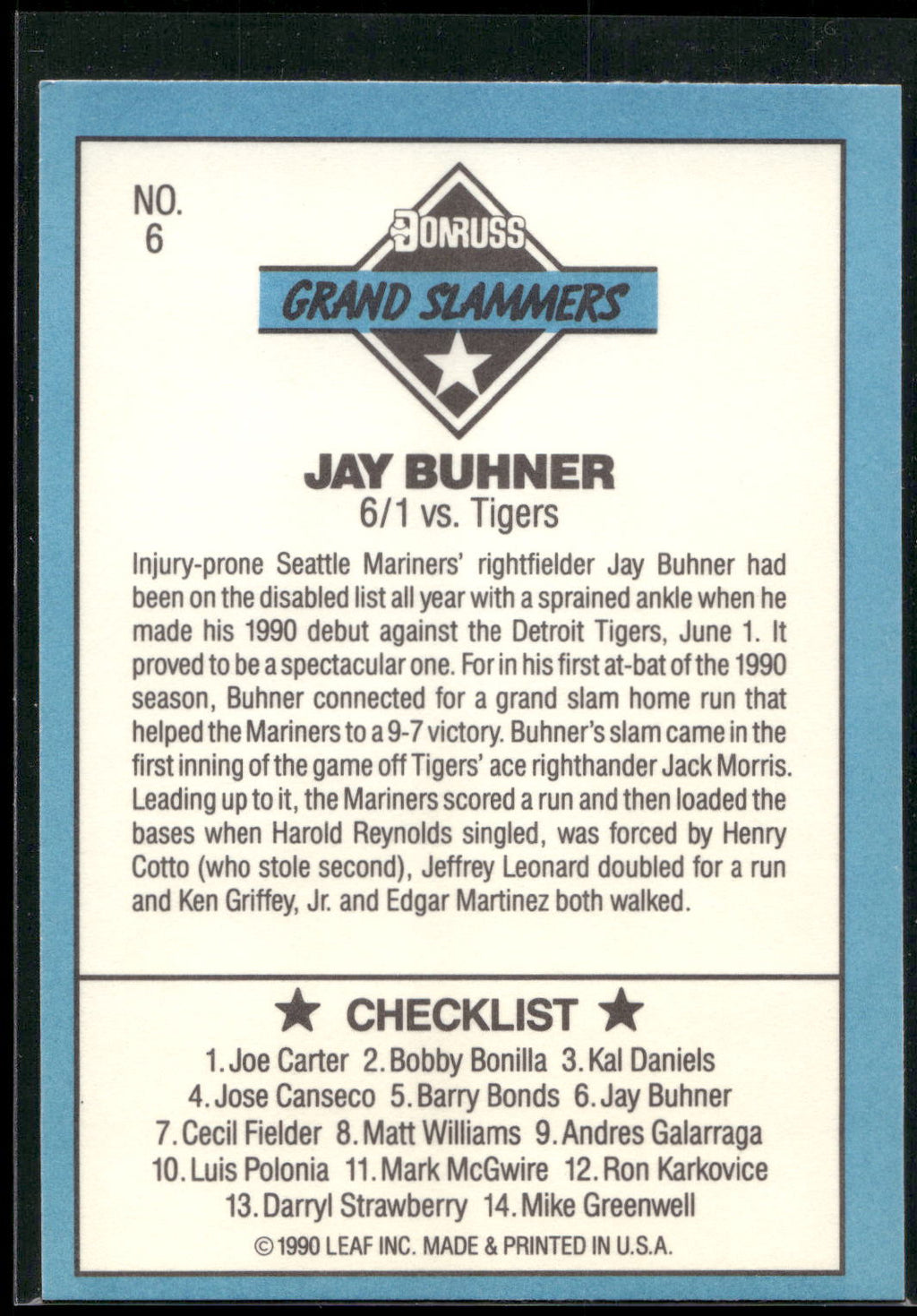 1991 Donruss #6b Jay Buhner Grand Slammers