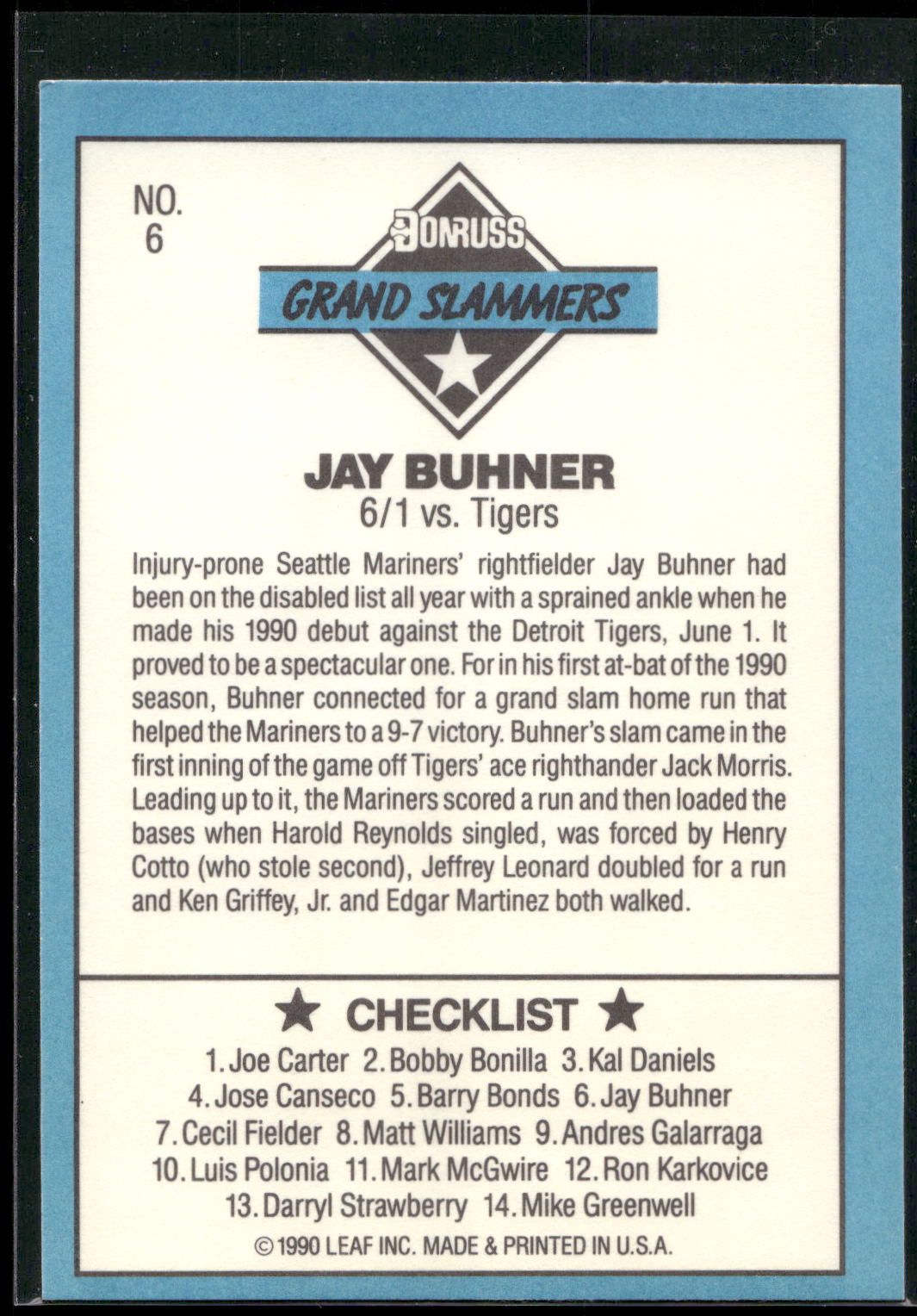 1991 Donruss #6b Jay Buhner Grand Slammers