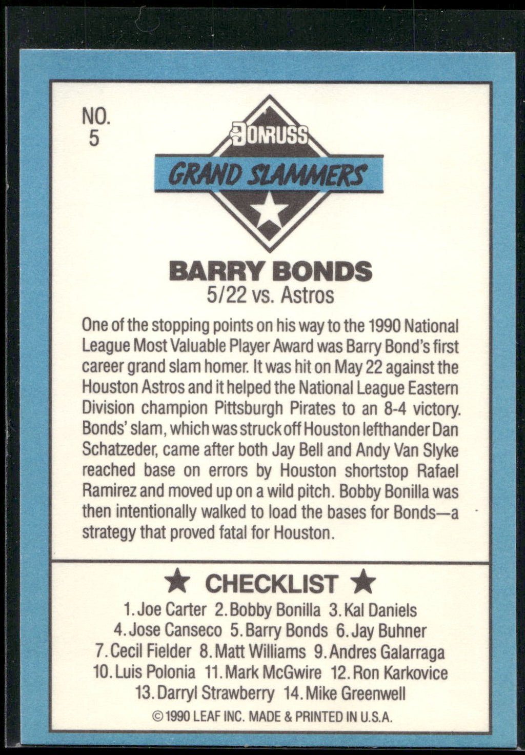 1991 Donruss #5d Barry Bonds Grand Slammers