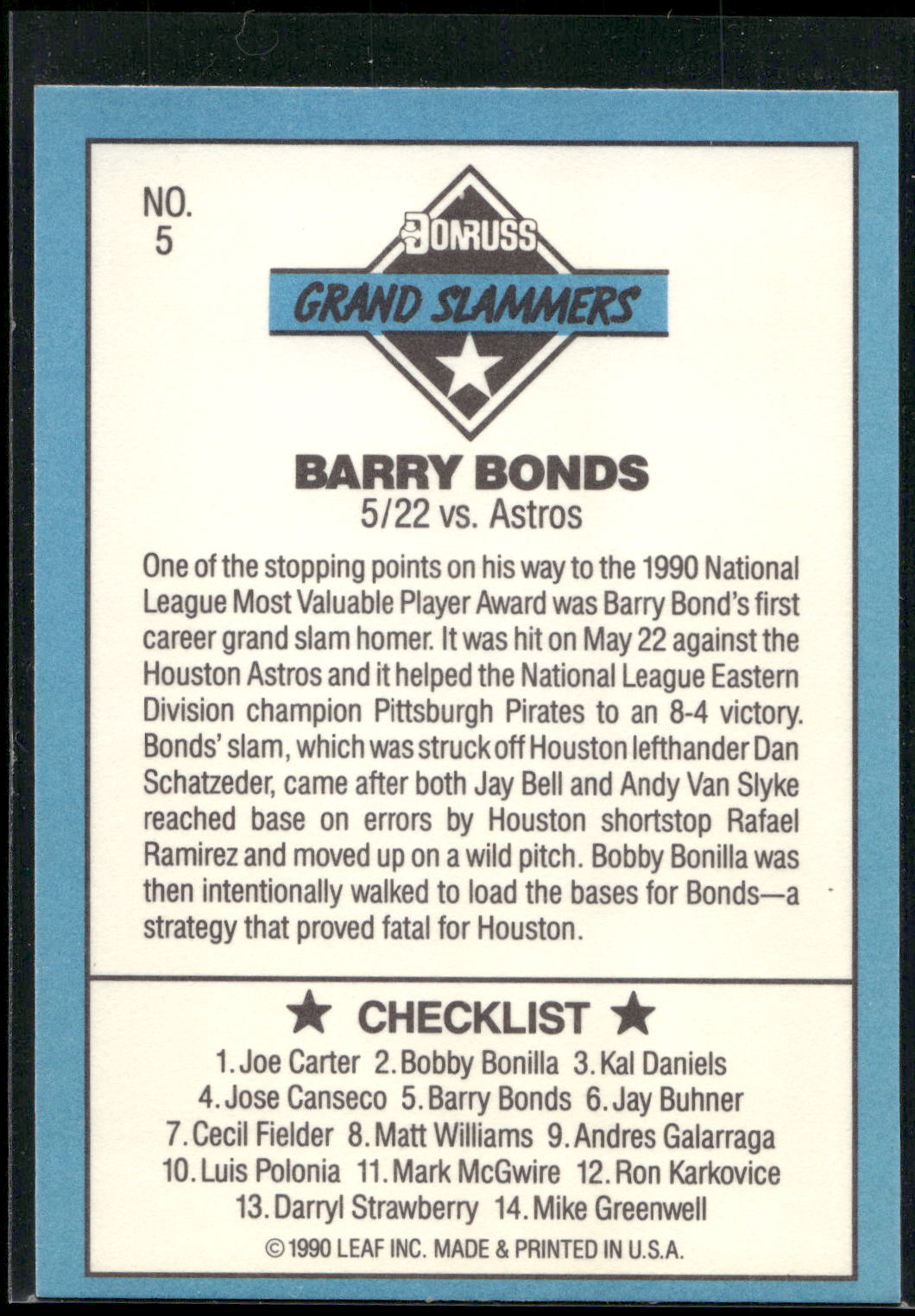 1991 Donruss #5d Barry Bonds Grand Slammers