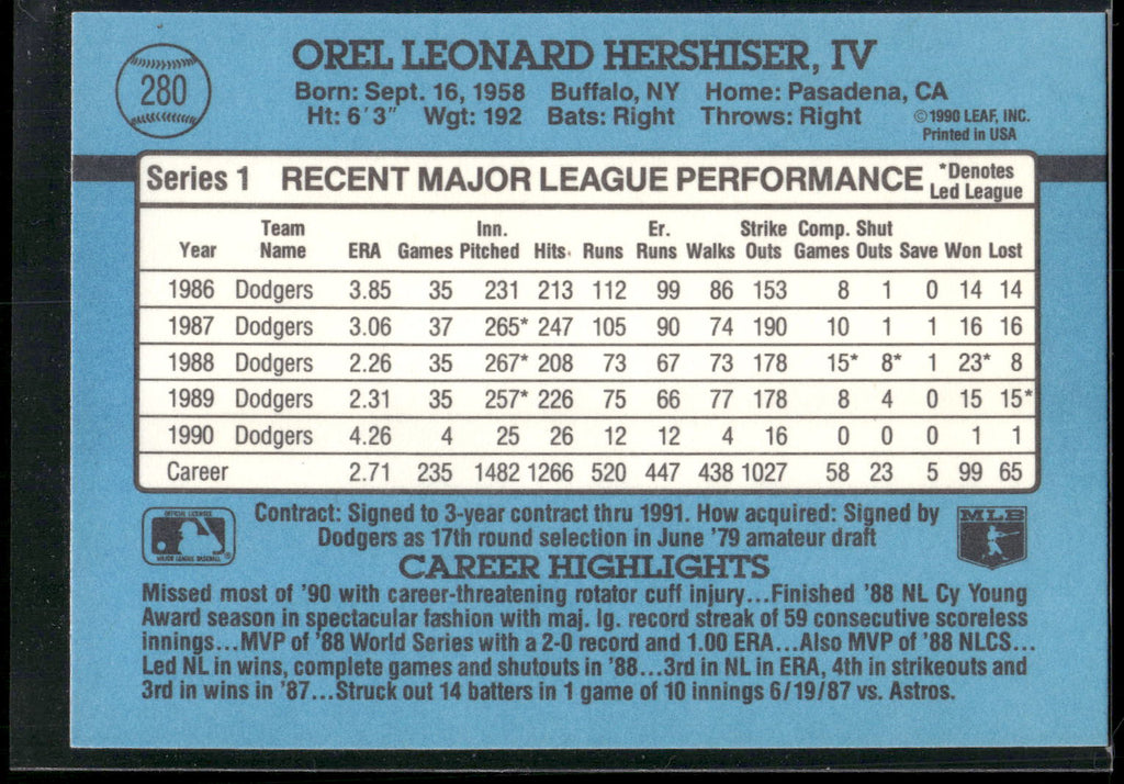 1991 Donruss #280 Orel Hershiser