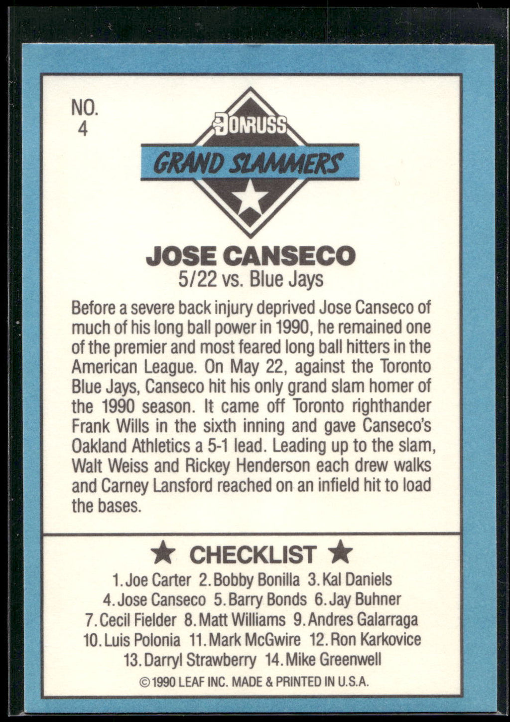1991 Donruss #4d Jose Canseco Grand Slammers