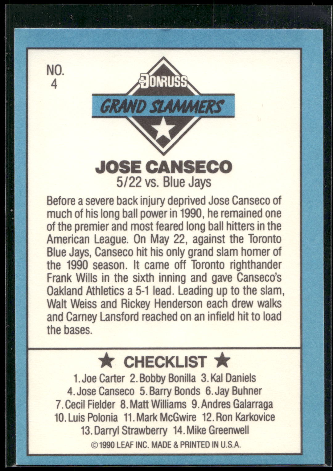 1991 Donruss #4d Jose Canseco Grand Slammers