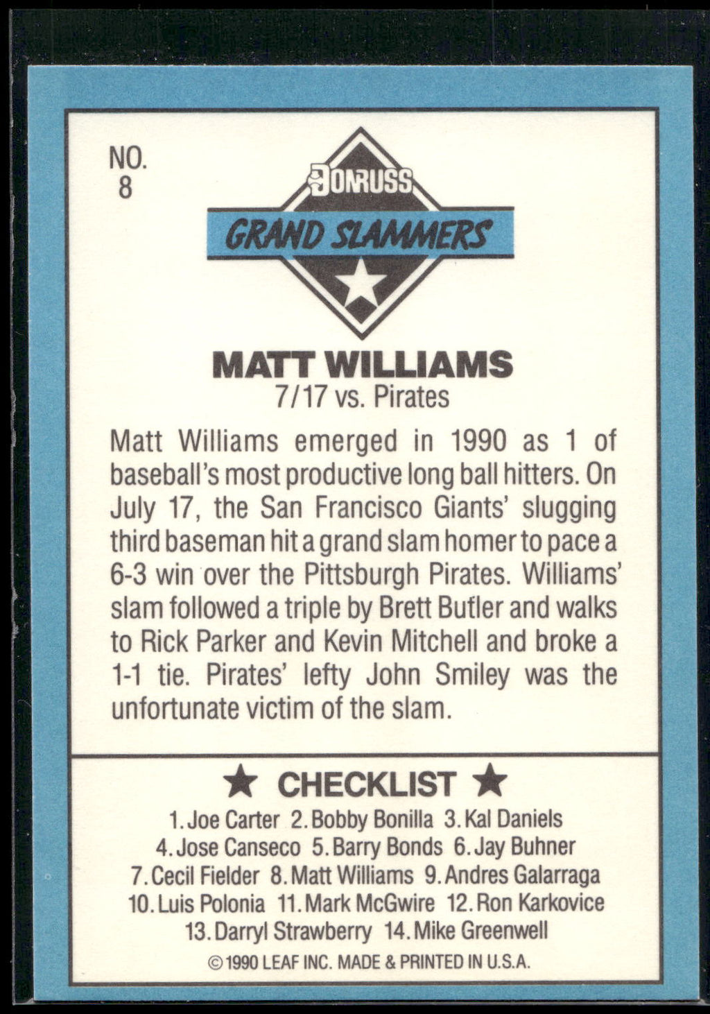 1991 Donruss #8e Matt Williams Grand Slammers
