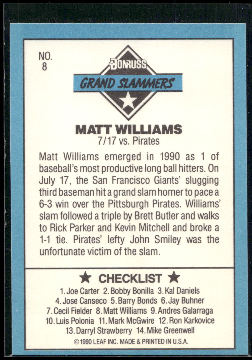 1991 Donruss #8e Matt Williams Grand Slammers