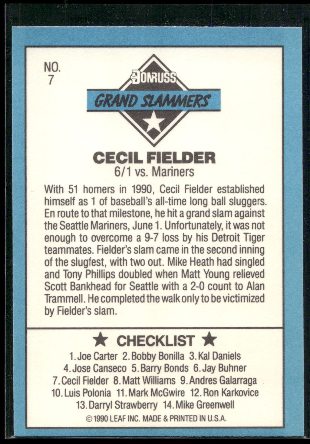 1991 Donruss #7c Cecil Fielder Grand Slammers