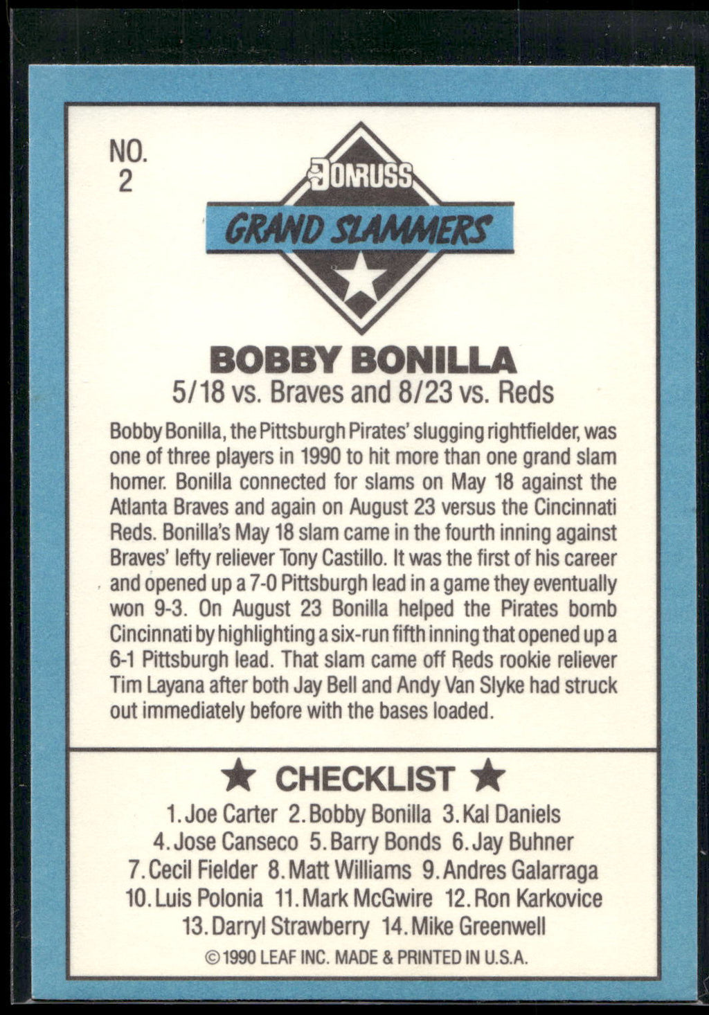 1991 Donruss #2d Bobby Bonilla Grand Slammers