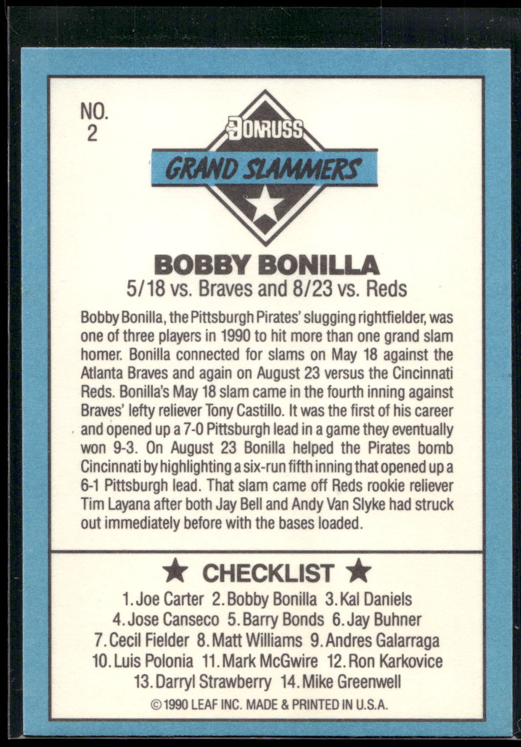 1991 Donruss #2d Bobby Bonilla Grand Slammers