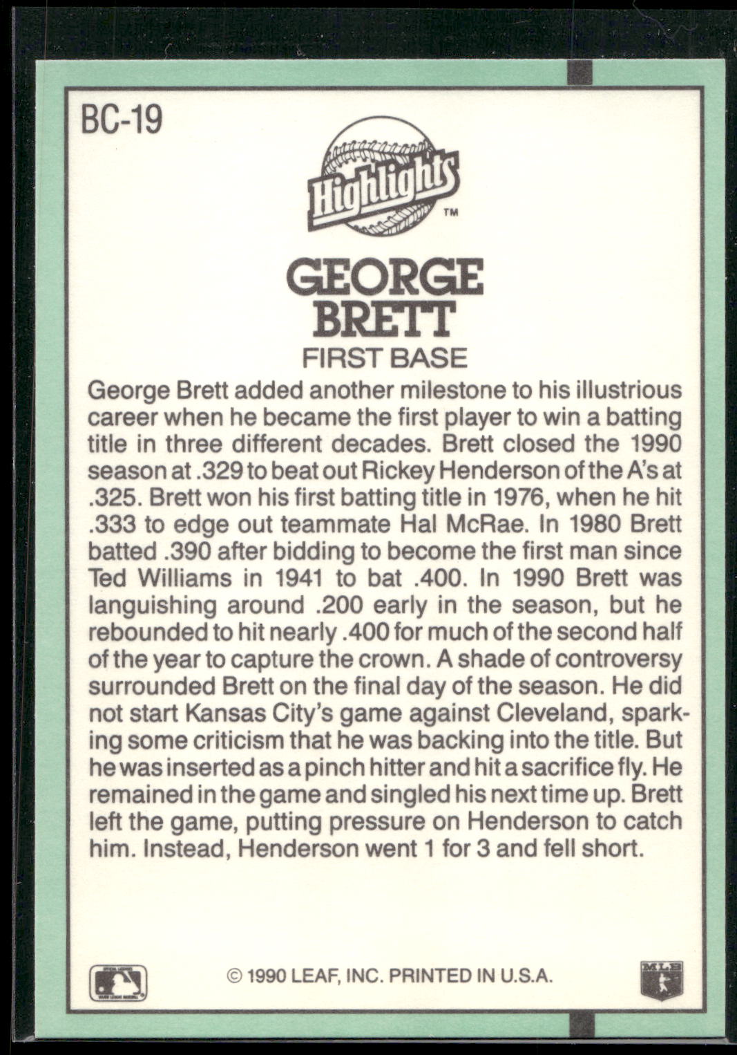 1991 Donruss #BC-19 George Brett Bonus Cards