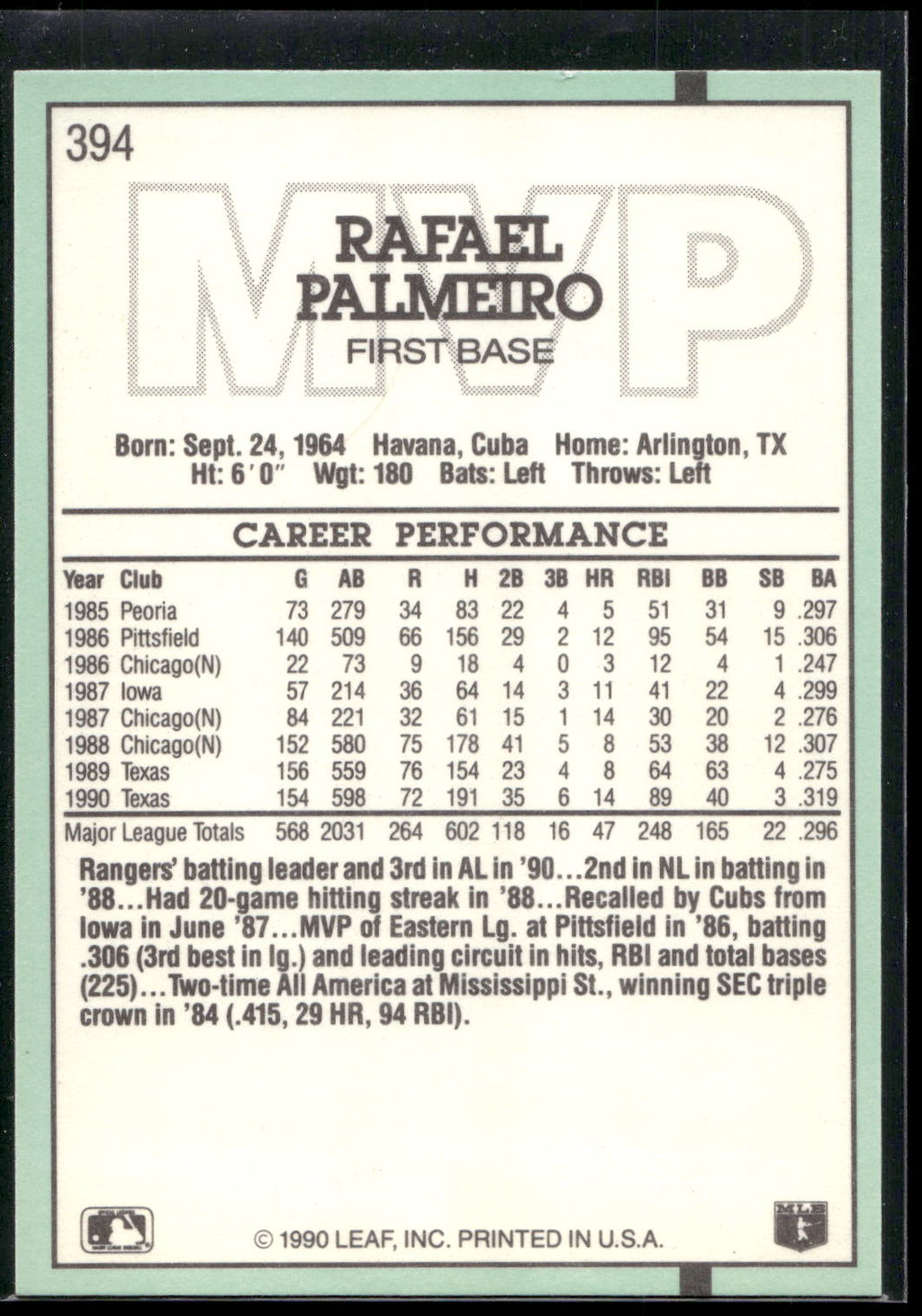 1991 Donruss #394 Rafael Palmeiro