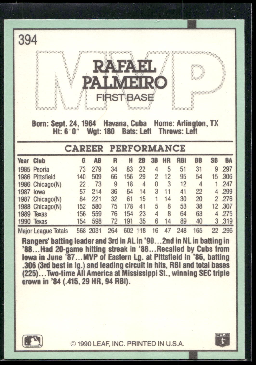 1991 Donruss #394 Rafael Palmeiro