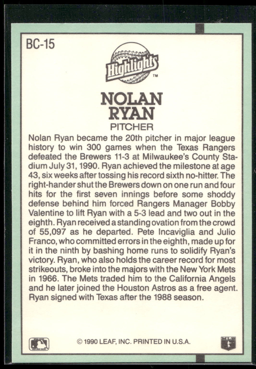 1991 Donruss #BC-15 Nolan Ryan Bonus Cards