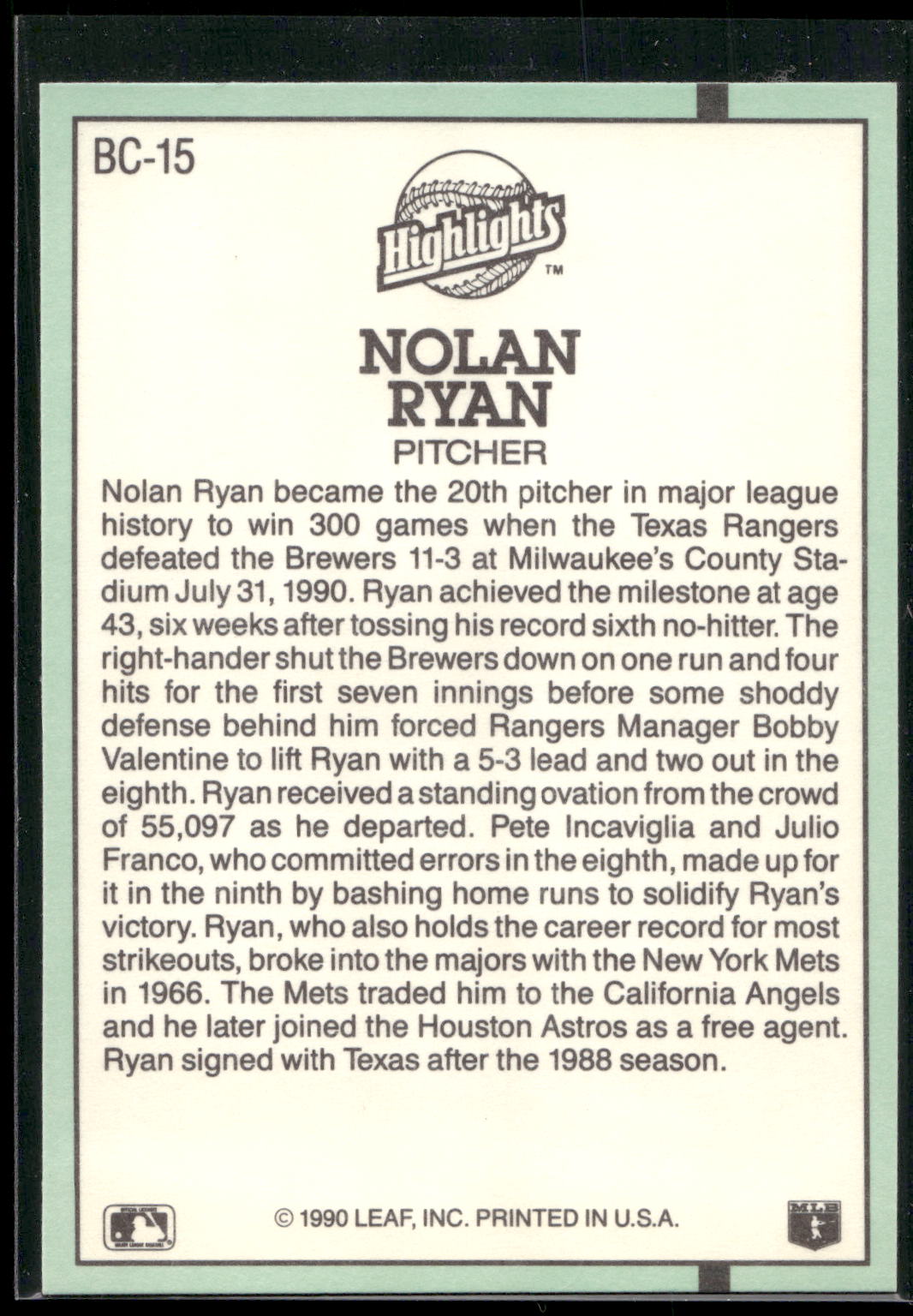 1991 Donruss #BC-15 Nolan Ryan Bonus Cards