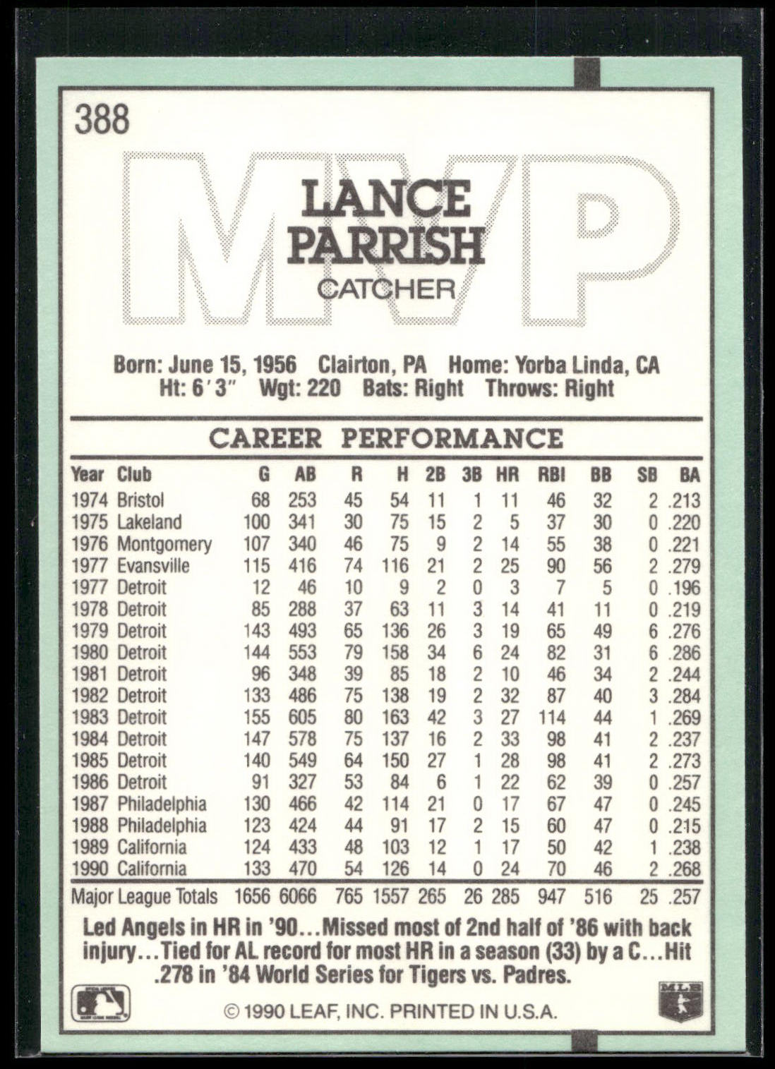 1991 Donruss #388 Lance Parrish