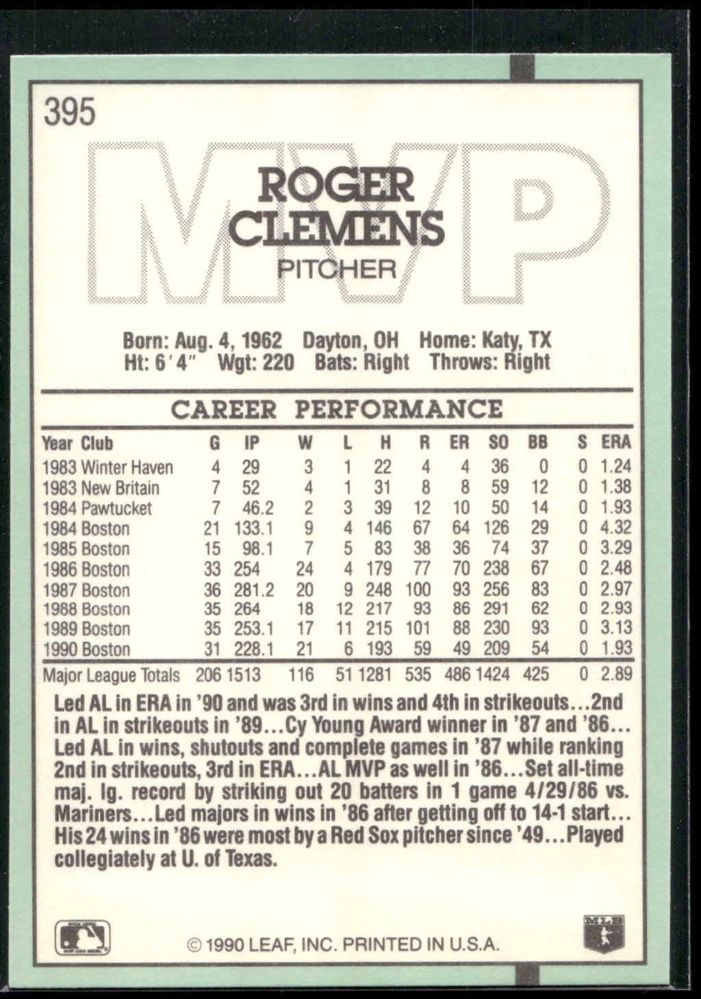 1991 Donruss #395 Roger Clemens