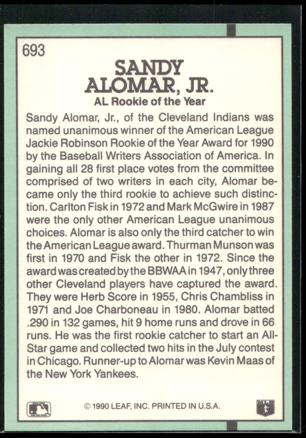 1991 Donruss #693 Sandy Alomar Jr.