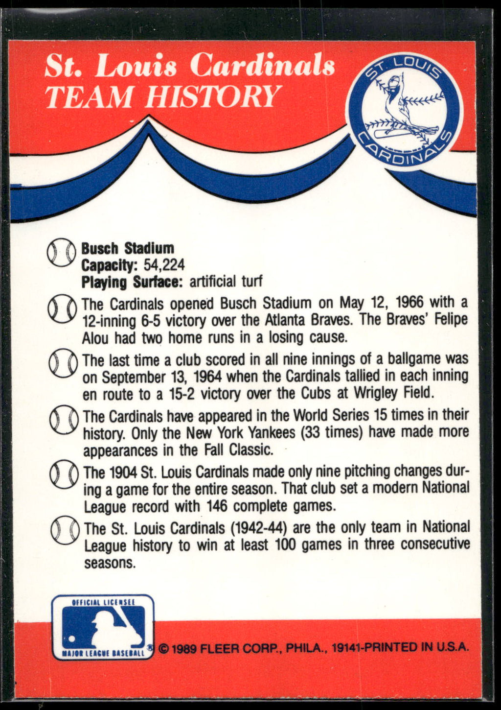 1989 Fleer #NNO St. Louis Cardinals Team Stickers