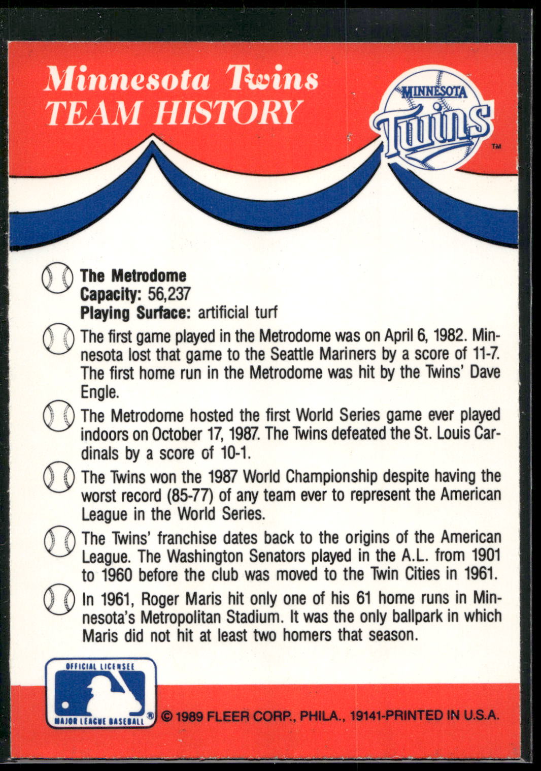 1989 Fleer #NNO Minnesota Twins Team Stickers