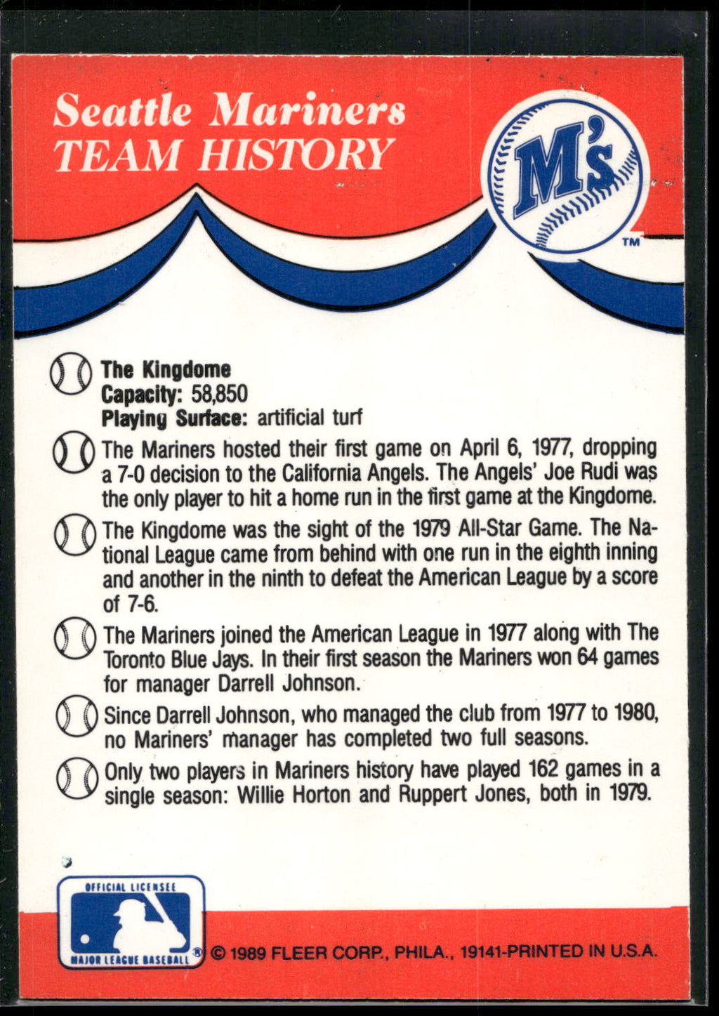 1989 Fleer #NNO Seattle Mariners Team Stickers